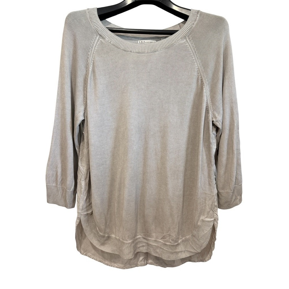 Neiman Marcus Sweater Women L Gray Taupe Mixed Media Button Back 3/4‎ Sleeve